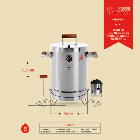 Barril Ahumador Basik Plateado 30x53.5cm Para 8 Libras con Termómetro y Control de Ventilación - BARRILES Y AHUMADORES | Bylmo