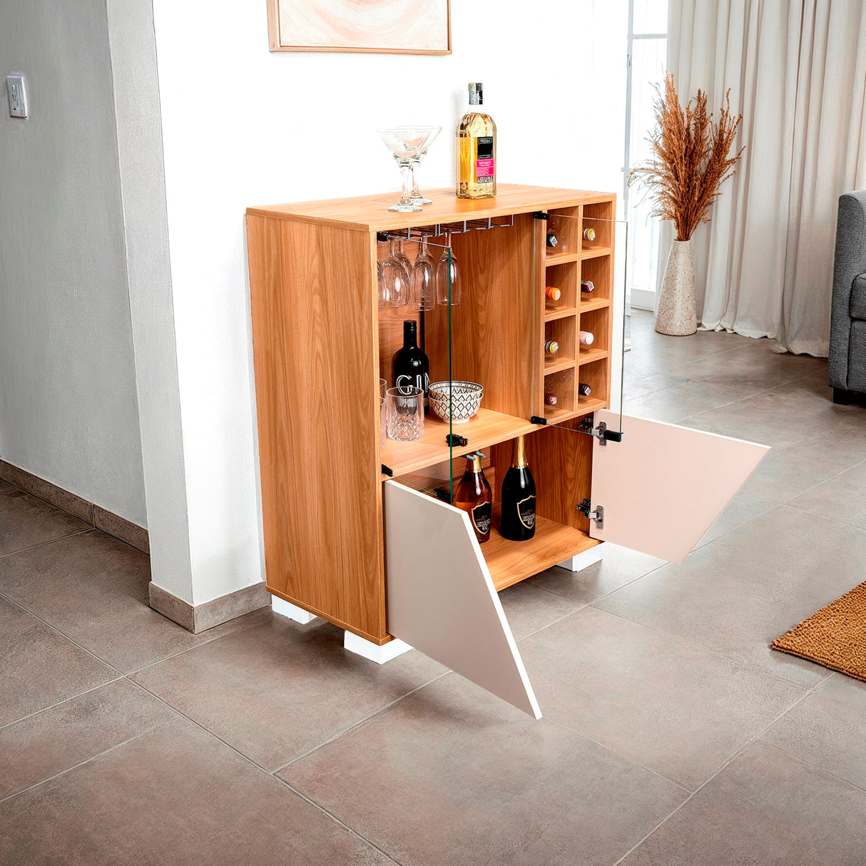 Bar Fraktal Fresno y Capri 78.8x94.9cm con Tres Compartimientos con Doce Portacopas y con Ocho Portabotellas - BARES | Bylmo