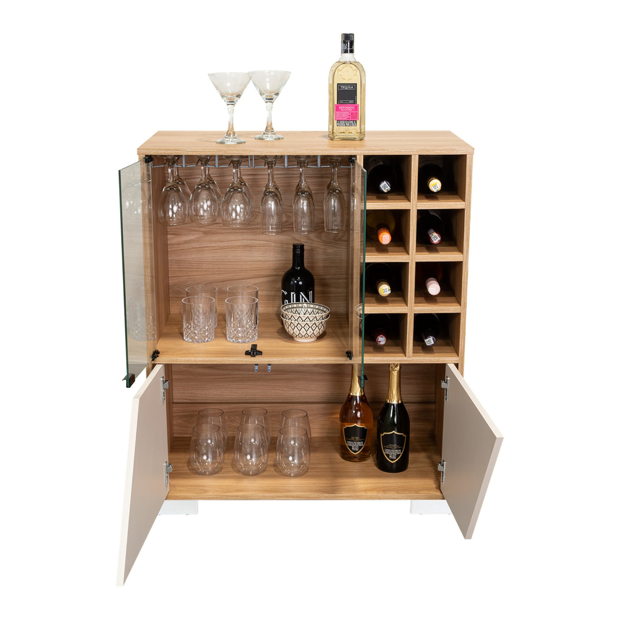 Bar Fraktal Fresno y Capri 78.8x94.9cm con Tres Compartimientos con Doce Portacopas y con Ocho Portabotellas - BARES | Bylmo