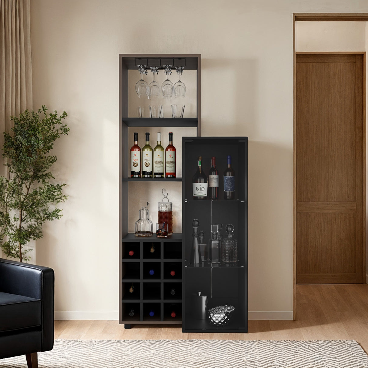 Bar Ozzy Wengue y Capri 80.9x175cm con Siete Compartimientos con Doce Portacopas y con Ocho Portabotellas - BARES | Bylmo