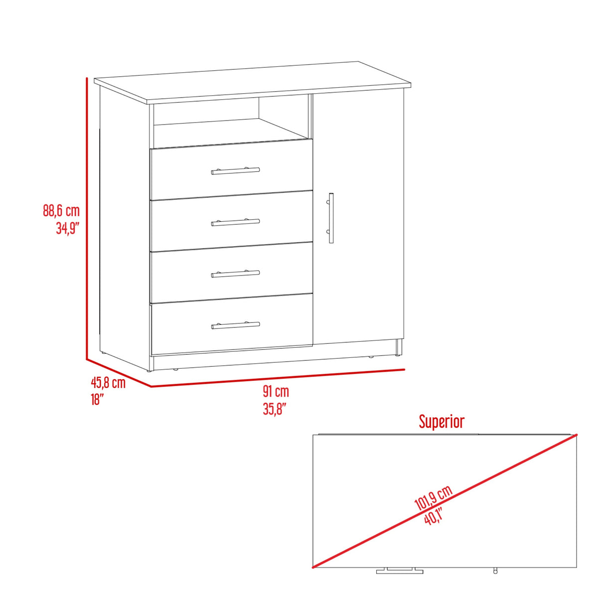 Cómoda Peru Blanco 91x88.6cm con Cuatro Cajones - CAJONERAS Y COMODAS | Bylmo