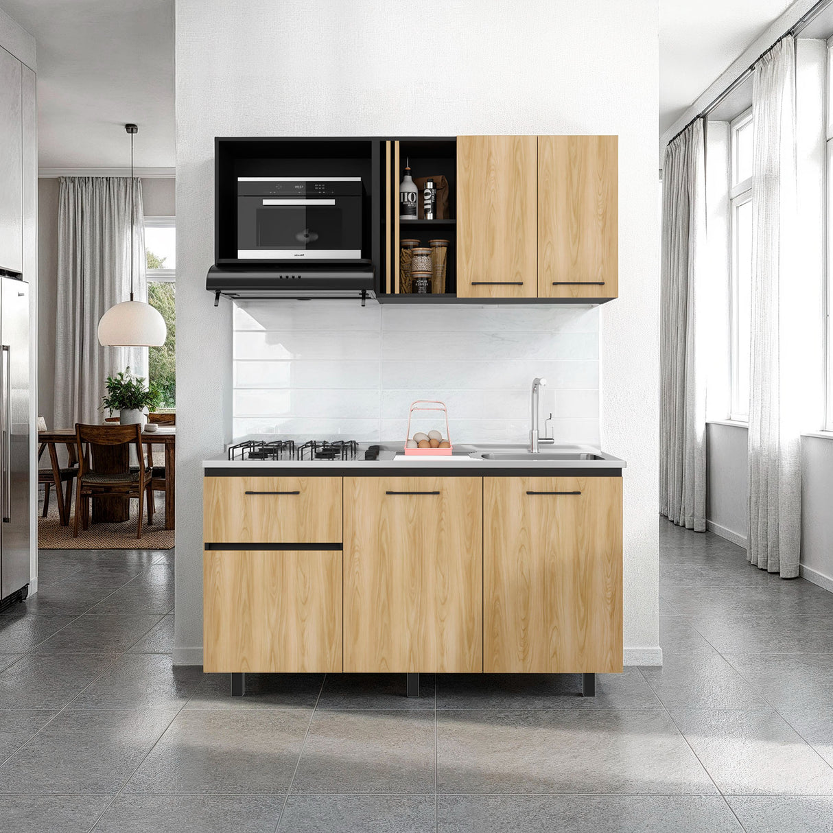 Cocina Preston Wengue Fresno 150x60cm con Mesón de Acero Inoxidable Lado Derecho y con Estufa - COCINAS | Bylmo