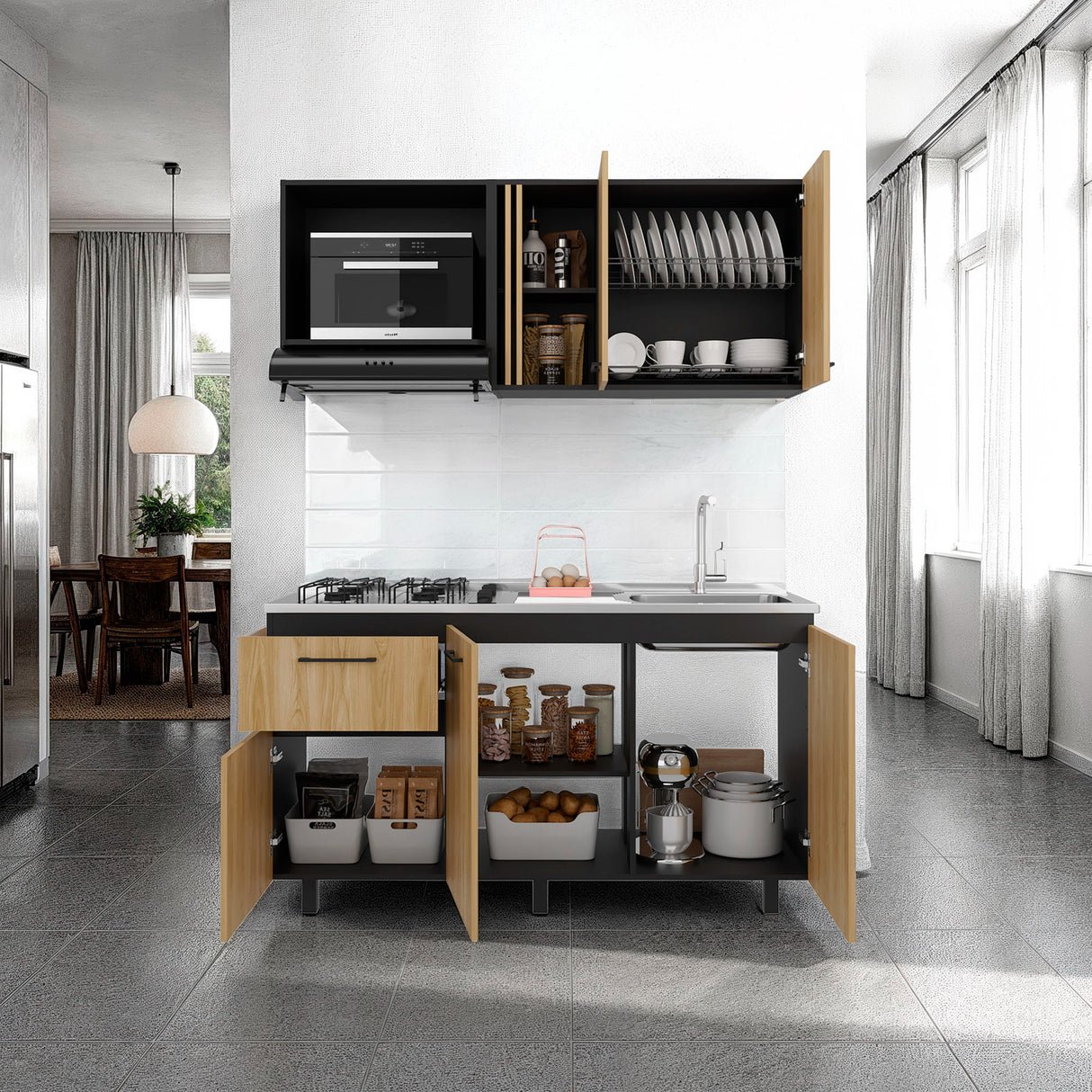 Cocina Preston Wengue Fresno 150x60cm con Mesón de Acero Inoxidable Lado Derecho y con Estufa - COCINAS | Bylmo