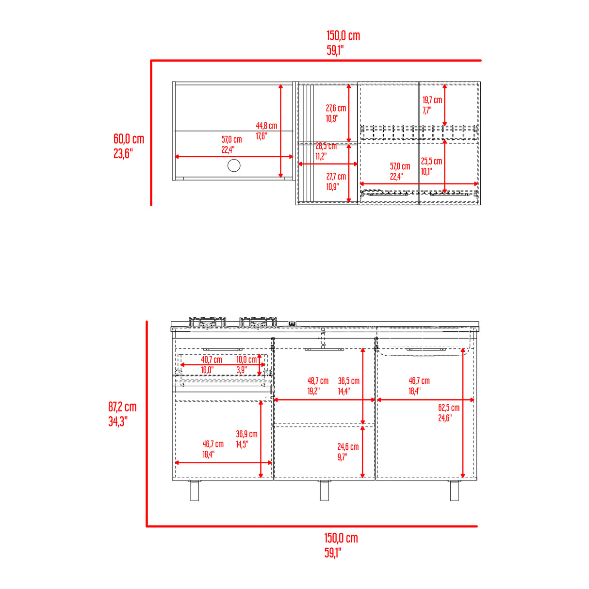 Cocina Preston Wengue Fresno 150x60cm con Mesón de Acero Inoxidable Lado Derecho y con Estufa - COCINAS | Bylmo