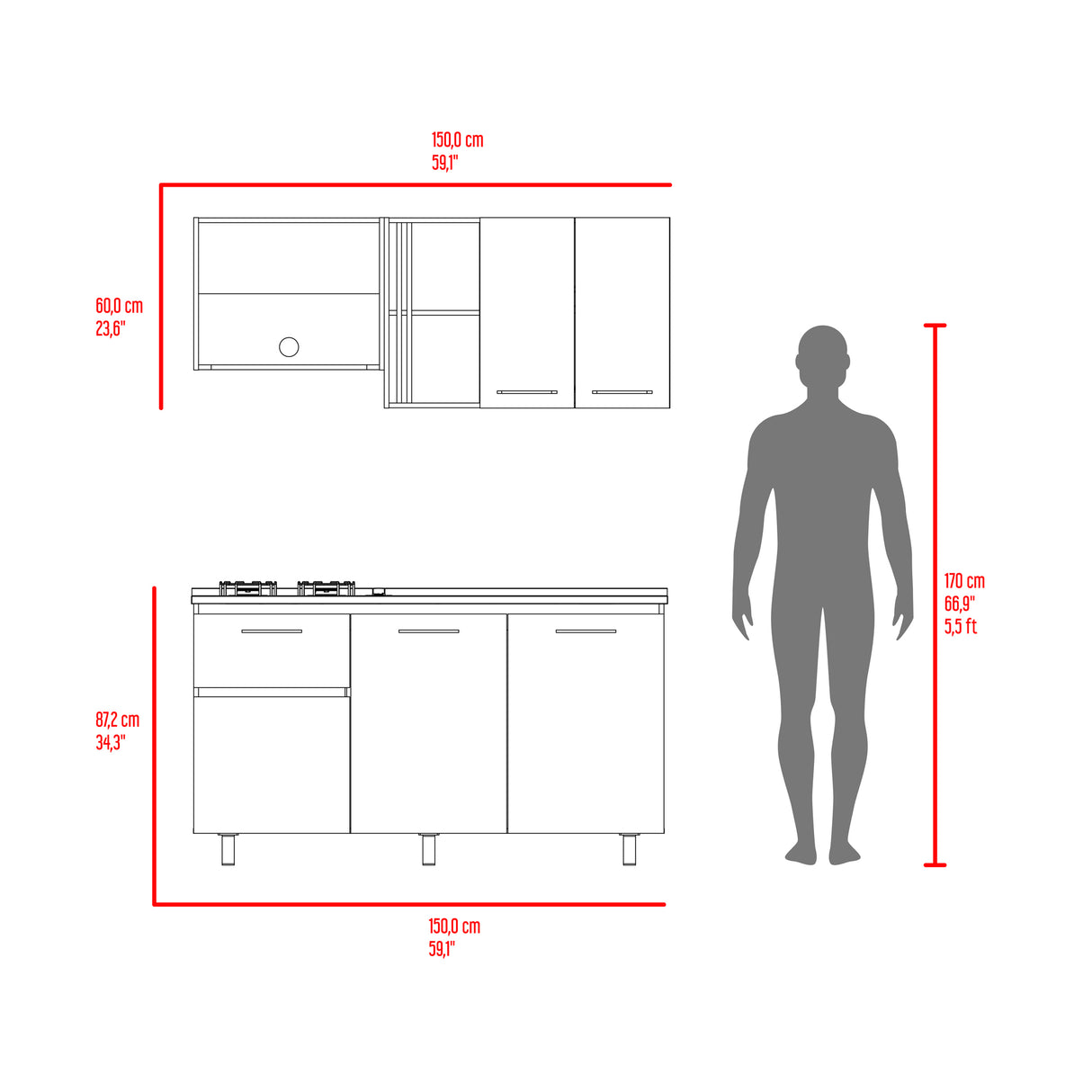Cocina Preston Wengue Fresno 150x60cm con Mesón de Acero Inoxidable Lado Derecho y con Estufa - COCINAS | Bylmo