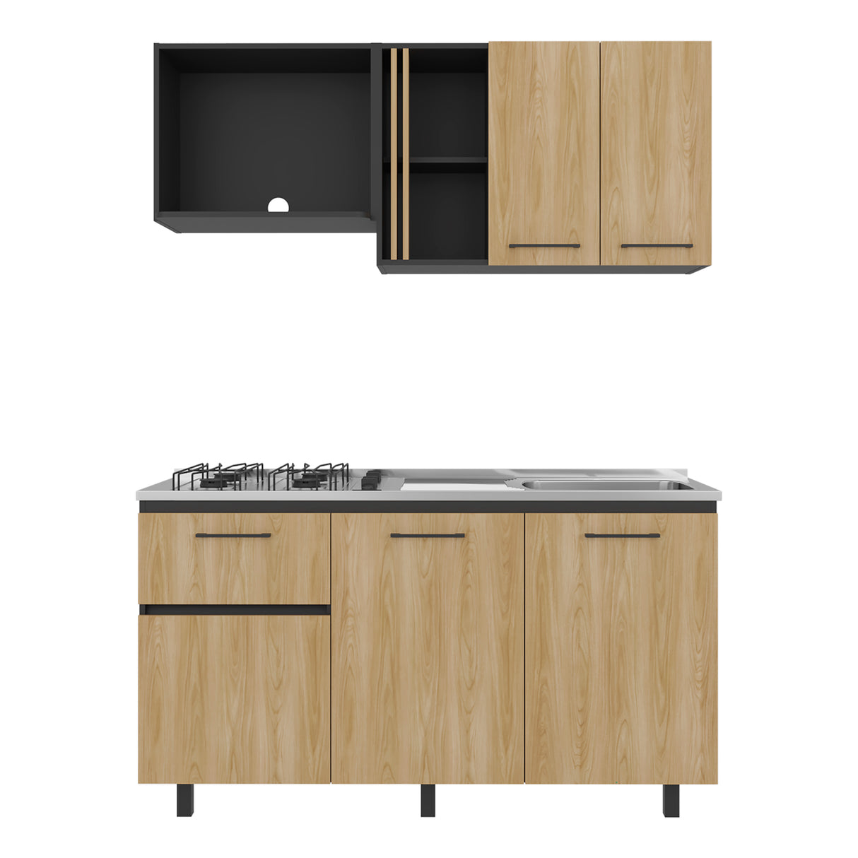 Cocina Preston Wengue Fresno 150x60cm con Mesón de Acero Inoxidable Lado Derecho y con Estufa - COCINAS | Bylmo