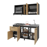 Cocina Preston Wengue Fresno 150x60cm con Mesón de Acero Inoxidable Lado Derecho y con Estufa - COCINAS | Bylmo
