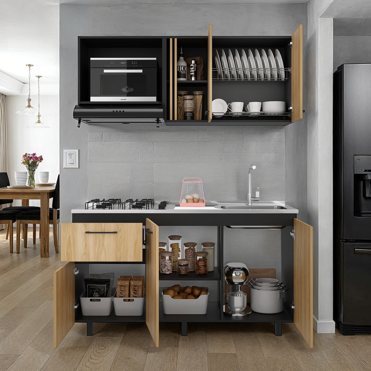 Cocina Preston Wengue Fresno 150x60cm con Mesón de Acero Inoxidable Lado Derecho y con Estufa - COCINAS | Bylmo