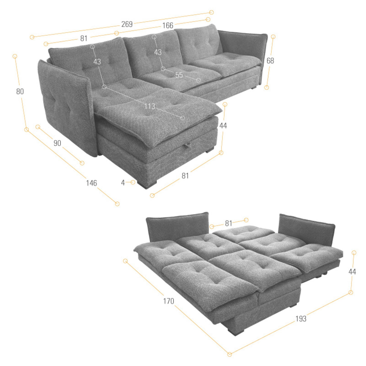 Sofá en L Napoles Gris 166x80cm de Tres Puestos Reclinable con Almacenamiento Lado Derecho y con Apoya Brazos - SOFAS Y POLTRONAS | Bylmo