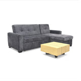Sala con sofa Cama en L Atlas con Apoya Brazos Almacenamiento Gris con Mesa Veracruz Miel