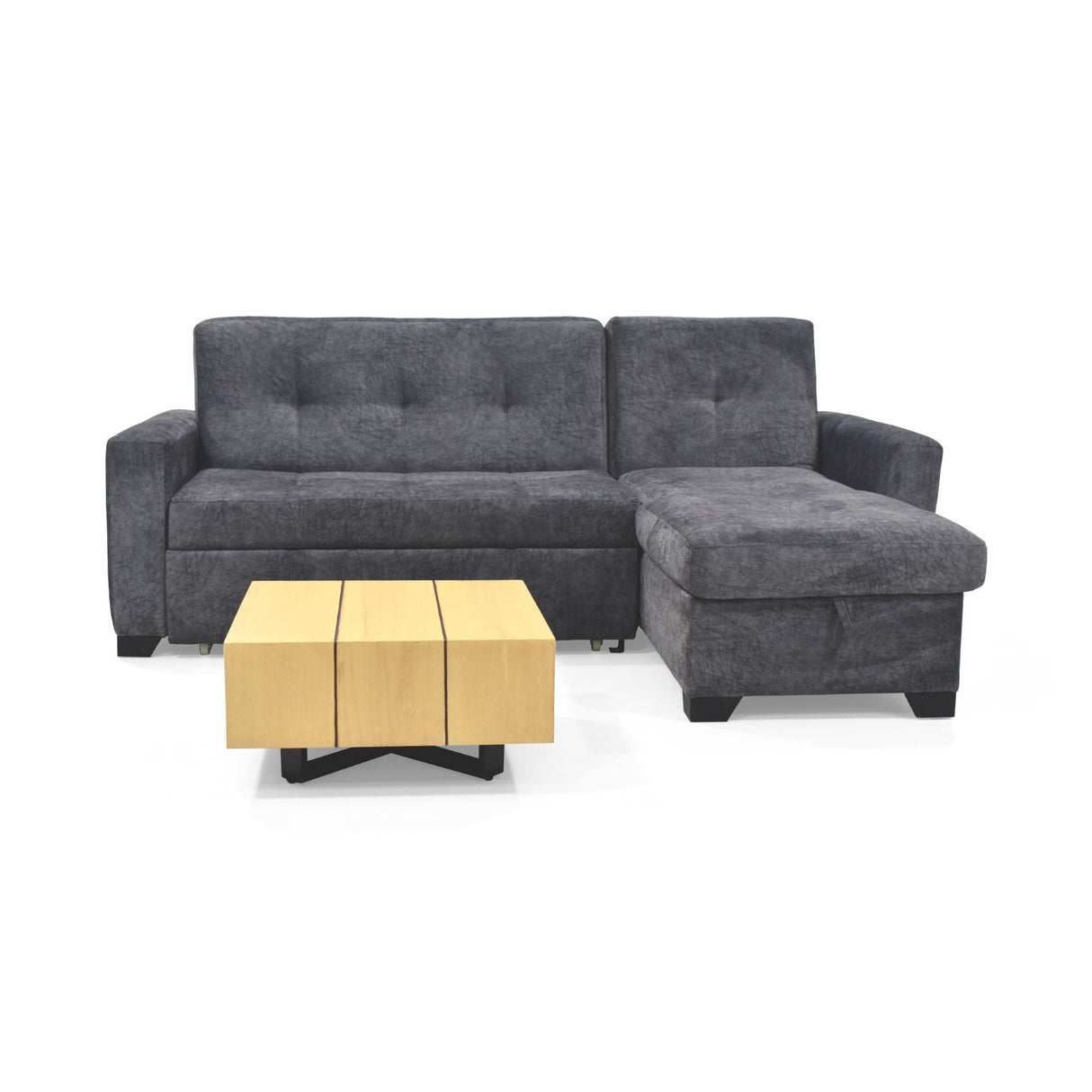 Sala con sofa Cama en L Atlas con Apoya Brazos Almacenamiento Gris con Mesa Veracruz Miel