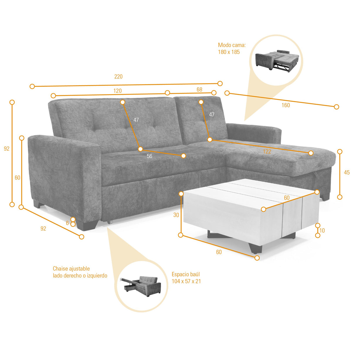 Sala con sofa Cama en L Atlas con Apoya Brazos Almacenamiento Gris con Mesa Veracruz Miel