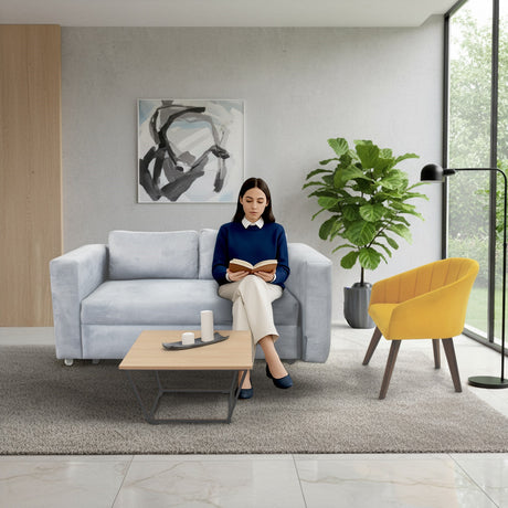 Sala Baxter Plata y Mostaza 160x68cm con Sofá Cama Reclinable con Apoya Brazos y Almacenamiento Poltrona Shanghai y Mesa De Centro Leeds - SOFAS Y POLTRONAS | Bylmo