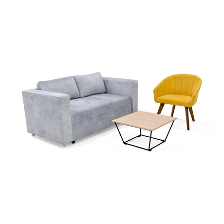 Sala Baxter Plata y Mostaza 160x68cm con Sofá Cama Reclinable con Apoya Brazos y Almacenamiento Poltrona Shanghai y Mesa De Centro Leeds - SOFAS Y POLTRONAS | Bylmo