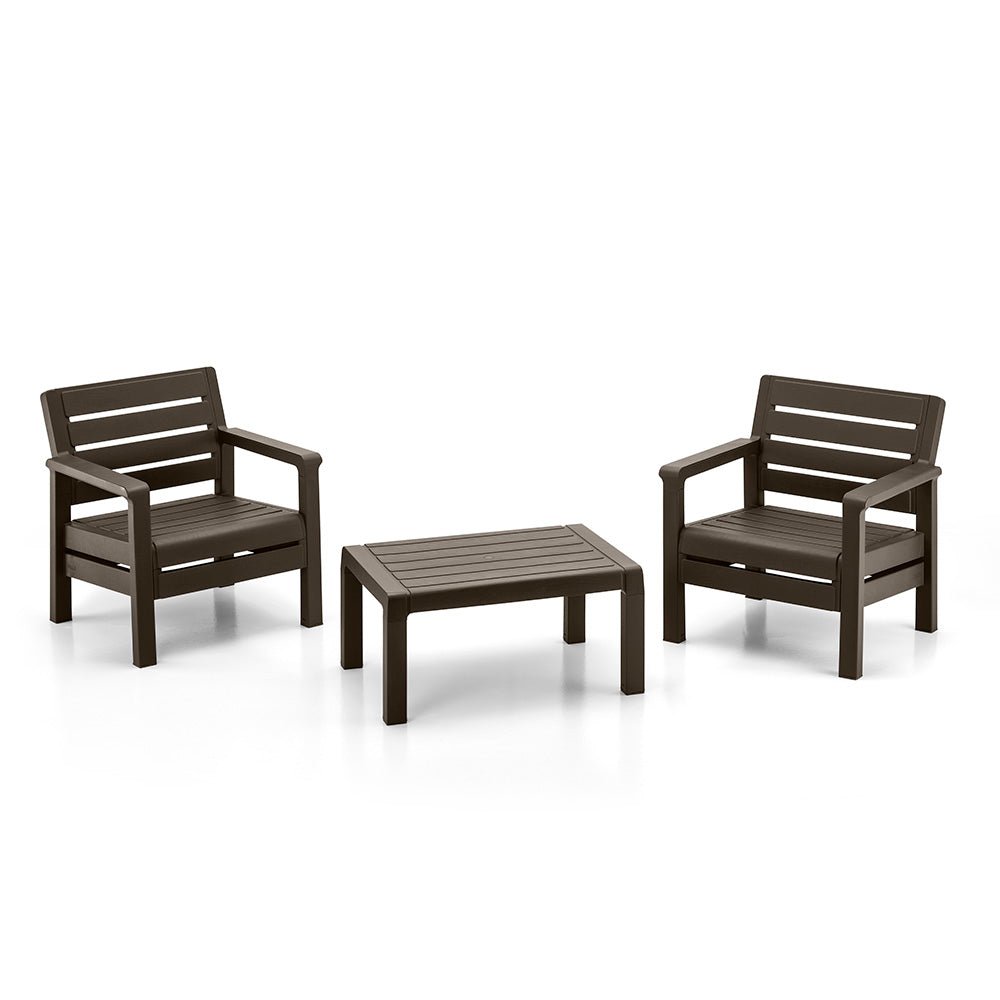 Combo Balcón Rimax Sillones con Mesa de Centro Wengue 74.6x74.6cm con Apoya Brazos y con Espaldar - SILLAS DE EXTERIOR | Bylmo