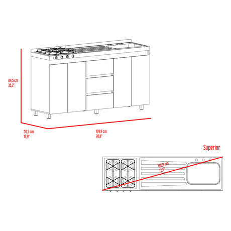 Mueble Inferior de Cocina Boreal Blanco Fresno 179.9x89.5cm con Meson de Acero Inoxidable Lado Derecho y con Estufa - MUEBLES INFERIORES DE COCINA | Bylmo