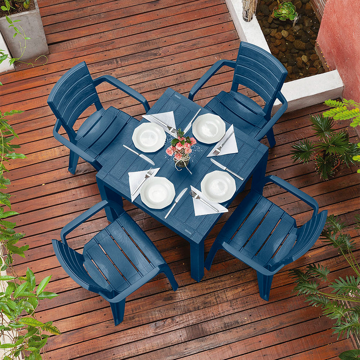 Combo Comedor y 4 Sillas con Brazos Rimax Barú Azul Petróleo 75x73.5cm Cuadrado - COMEDORES | Bylmo