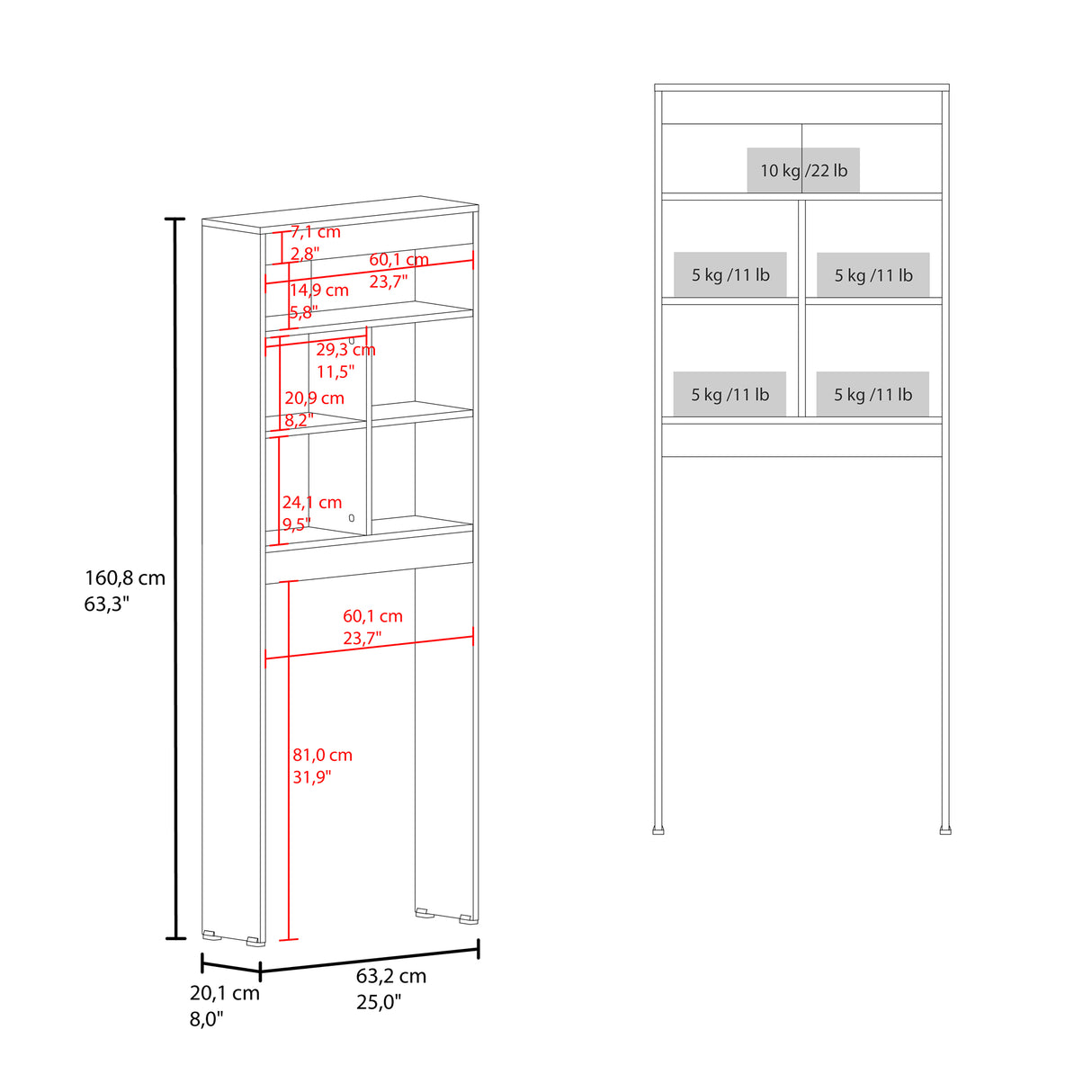 Ahorrador de Espacio para Baño Duo Avellana 63.2x160.8cm con Cuatro Entrepaños y con Patas - OTROS MUEBLES PARA BANHO | Bylmo