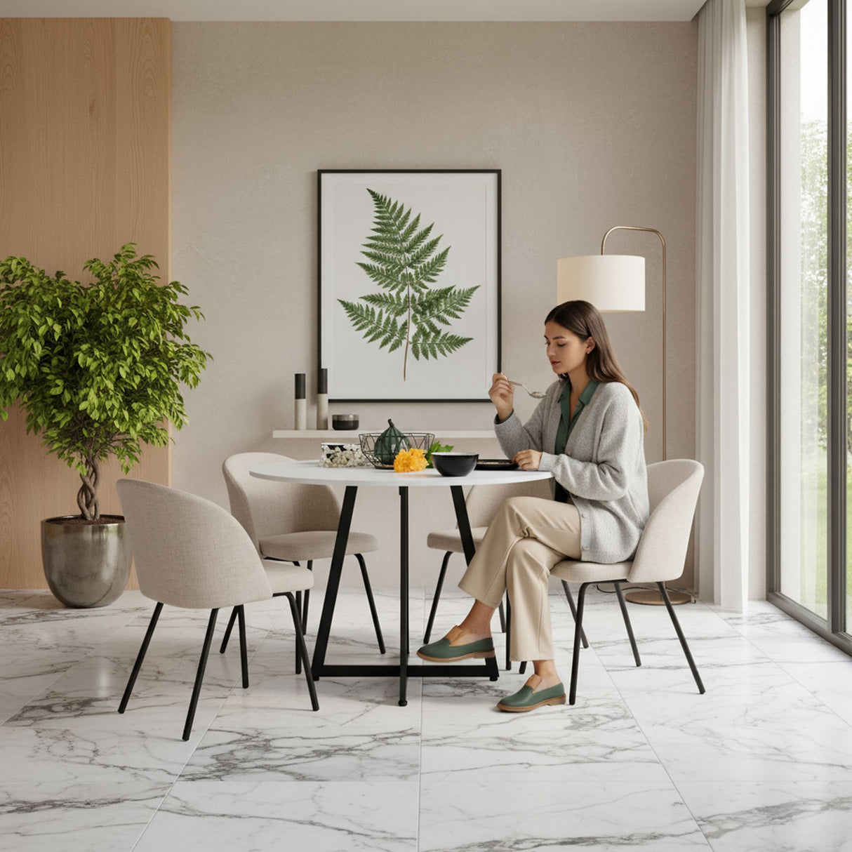 Comedor Malawi Trigo y Blanco 105x76cm Circular de Cuatro Puestos con Cuatro Sillas Osaka - COMEDORES | Bylmo