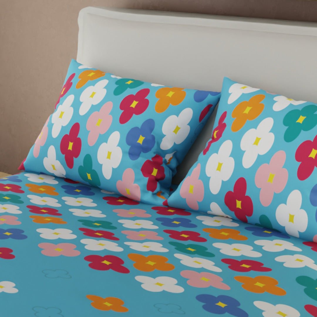 Juego de Sabanas Fiesta Floral Azul y Multicolor Para Cama Semidoble 120 X 190 Cm de Flores Y Lineas - SABANAS | Bylmo