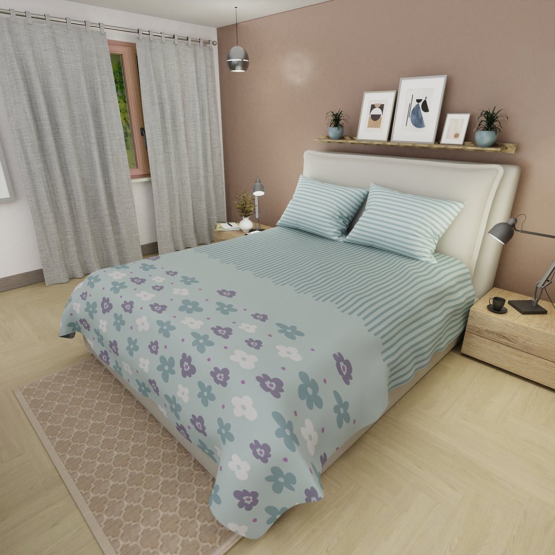 Juego de Sabanas Eco de Primavera Verde Menta Para Cama Queen 160 X 190 Cm 180 Hilos de Flores Y Lineas - SABANAS | Bylmo