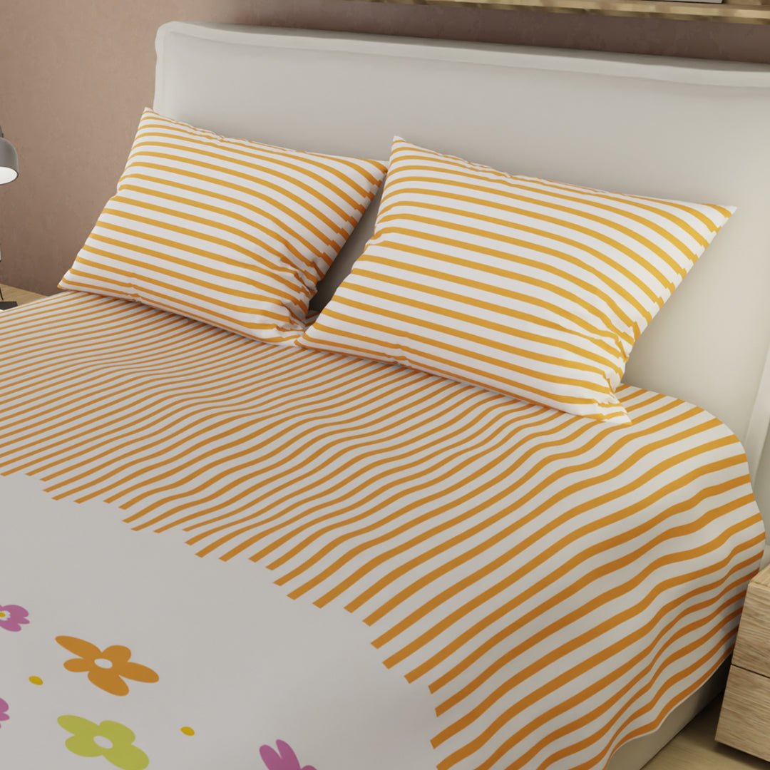Juego de Sabanas Eco de Primavera Naranja y Blanco Para Cama Doble 140 X 190 Cm 180 Hilos de Flores - SABANAS | Bylmo