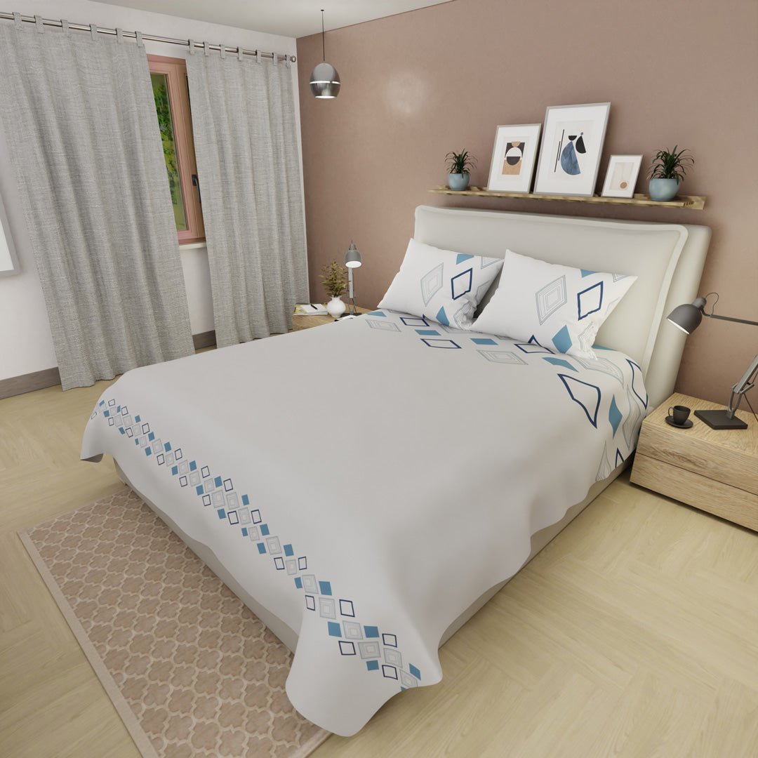 Juego de Sabanas Ecos de Diamante Gris y Azul Para Cama Queen 160 X 190 Cm 250 Hilos de Rombos - SABANAS | Bylmo