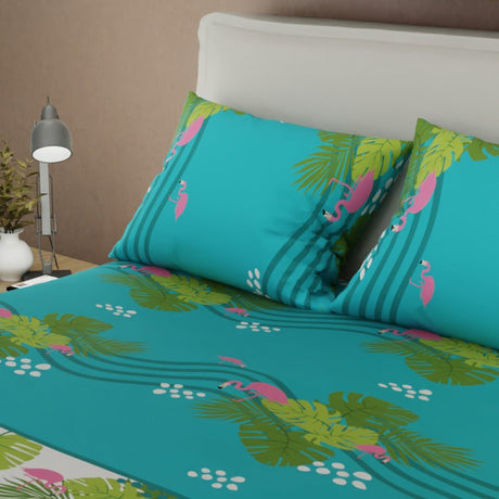 Juego de Sabanas Paraíso Tropical Azul y Blanco Para Cama King 200 X 200 Cm de Hojas - SABANAS | Bylmo