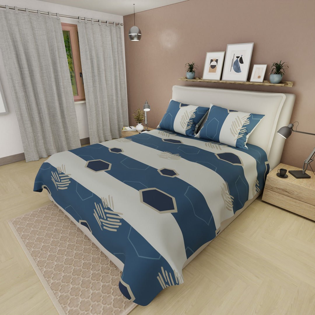 Juego de Sabanas Horizonte Azul y Blanco Para Cama Doble 140 X 190 Cm 180 Hilos de Hexagonos - SABANAS | Bylmo