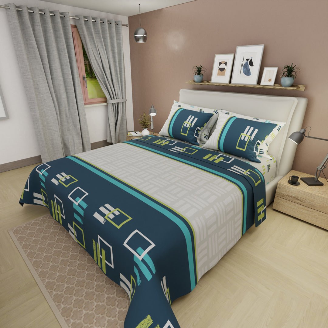 Juego de Sabanas Style 4 Gris y Azul Oscuro Para Cama Semidoble 120 X 190 Cm de Cuadrados - SABANAS | Bylmo