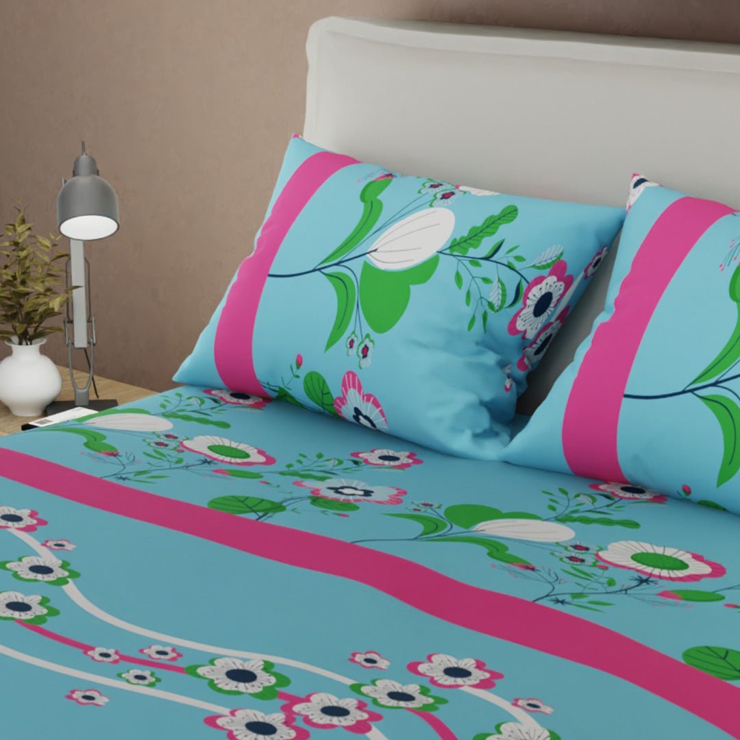 Juego de Sabanas Floralia Azul y Fucsia Para Cama Doble 140 X 190 Cm de Flores - SABANAS | Bylmo