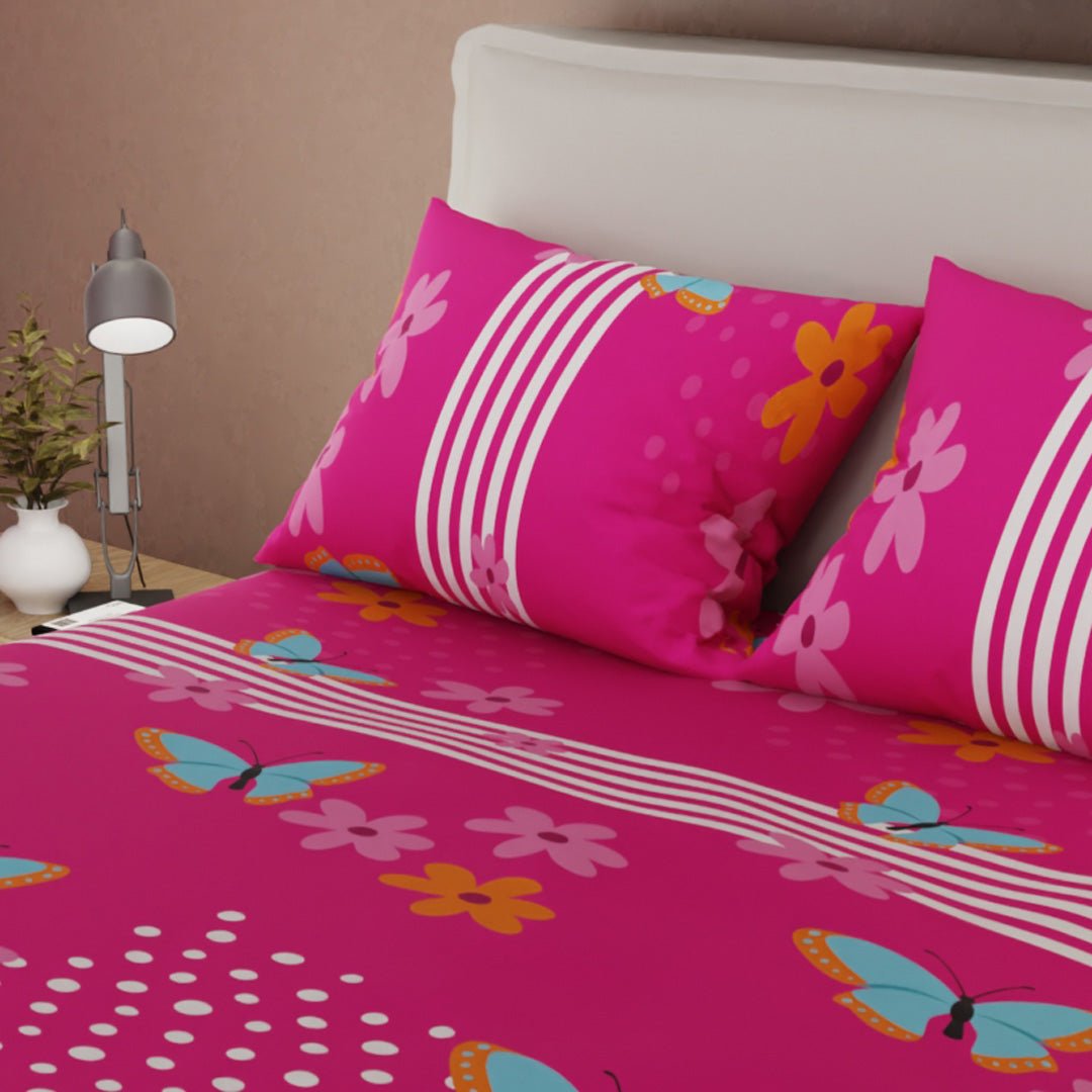 Juego de Sabanas Glow Fucsia Para Cama King 200 X 200 Cm de Flores Y Mariposas - SABANAS | Bylmo