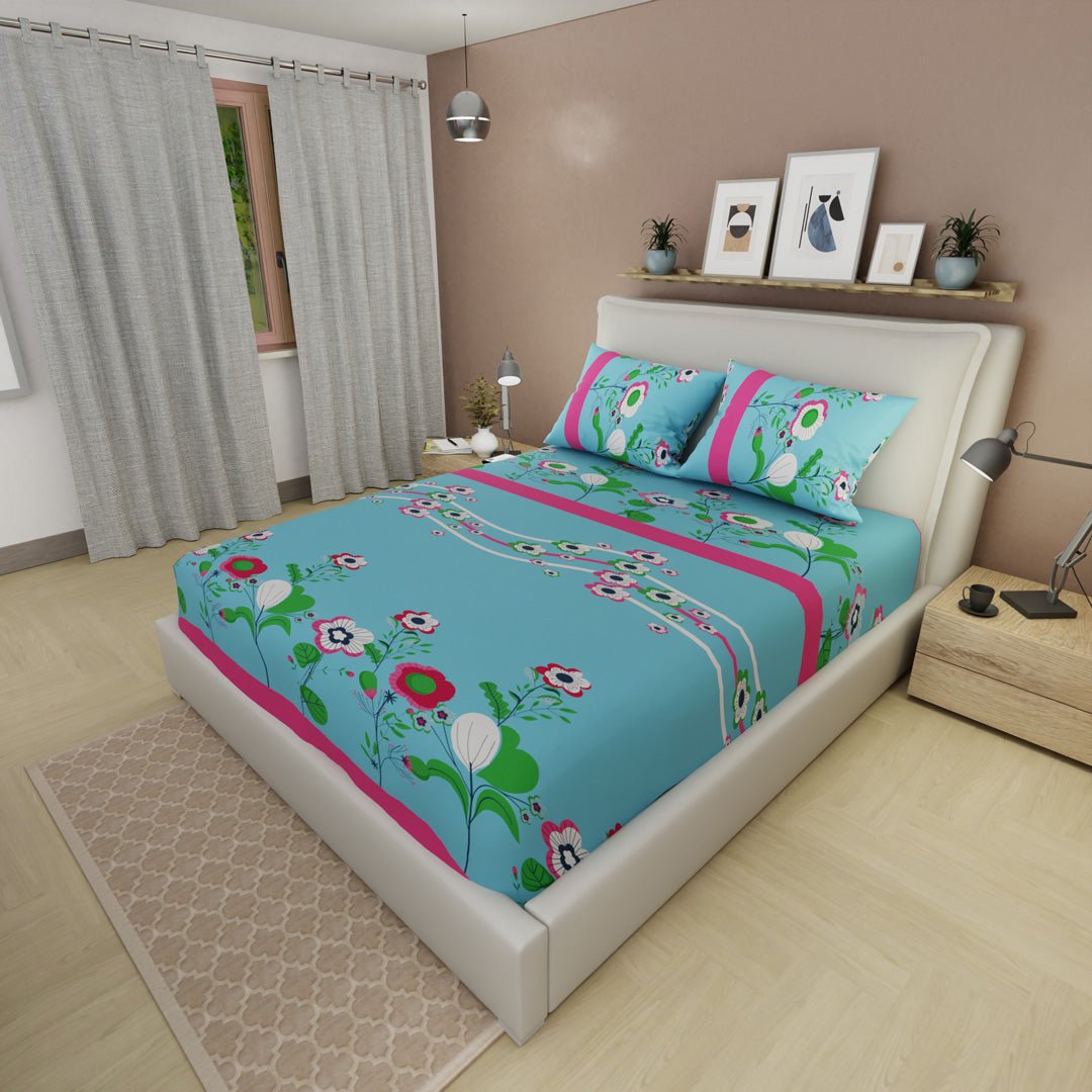 Sábana Ajustable Floralia Coral Azul y Fucsia para Cama Doble 140 X 190 Cm Flores - SABANAS | Bylmo