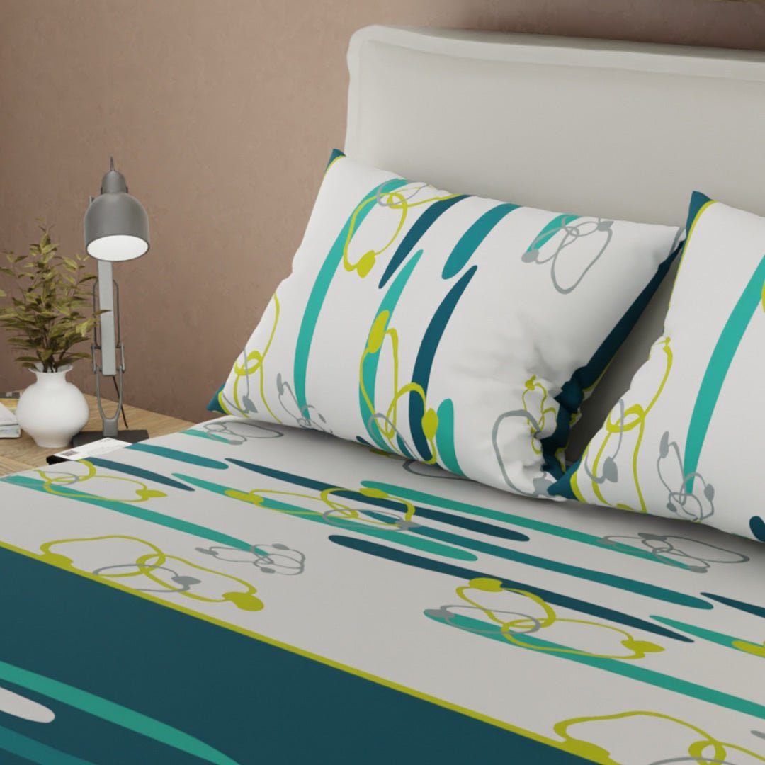 Sábana Ajustable Sueños Líneas de Océano Verde Azul y Blanco para Cama Doble 140 X 190 Cm Lineas Y Circulos - SABANAS | Bylmo