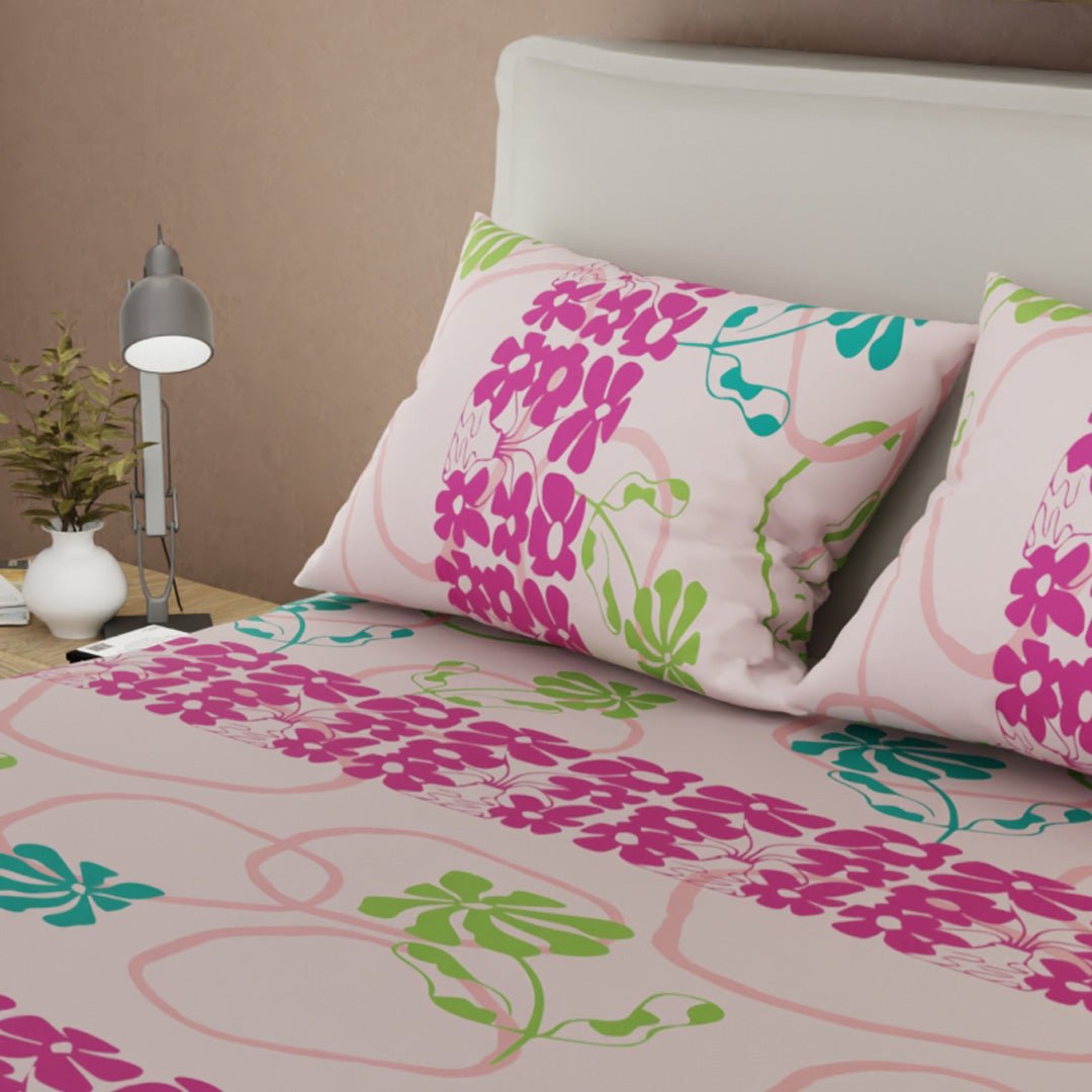 Sábana Ajustable Petalia Fucsia Rosado Claro y Fucsia para Cama Doble 140 X 190 Cm Flores - SABANAS | Bylmo