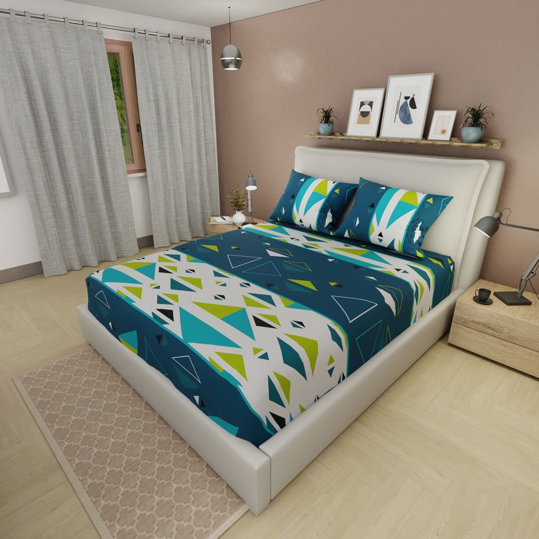 Sábana Ajustable Pulse Moderno Azul Oscuro y Blanco para Cama Queen 160 X 190 Cm Triangulos - SABANAS | Bylmo