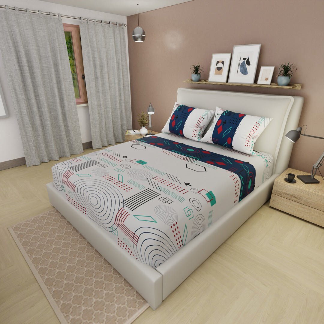 Sábana Ajustable Fusion Moderna Blanco Apagado y Azul Oscuro para Cama Queen 160 X 190 Cm Figuras - SABANAS | Bylmo