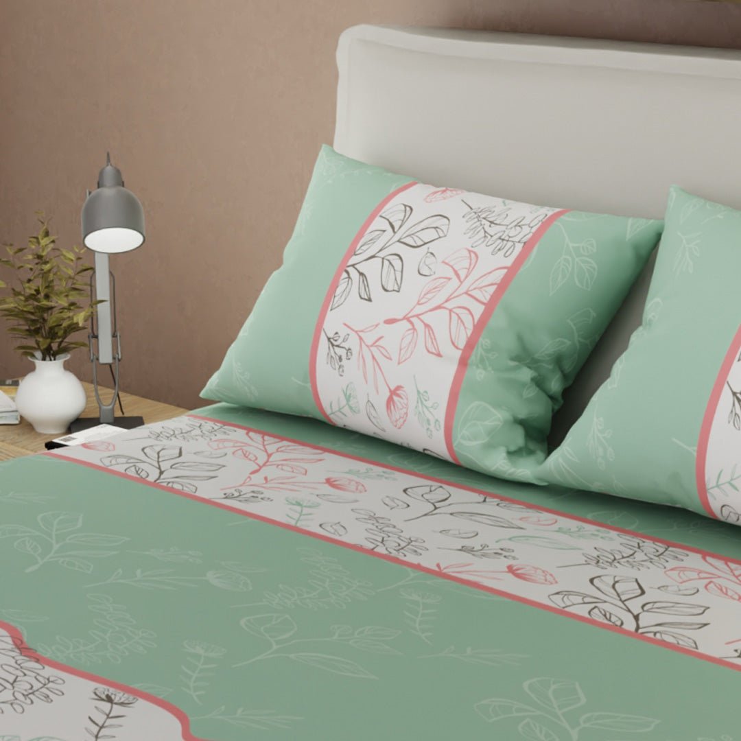 Sábana Ajustable Sueños Botánicos Blanco y Verde para Cama Queen 160 X 190 Cm Hojas Y Flores - SABANAS | Bylmo