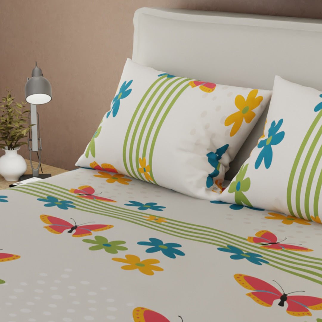 Sábana Ajustable Sueños Glow Blanco Apagado y Verde para Cama Sencilla 100 X 190 Cm Flores Y Mariposas - SABANAS | Bylmo