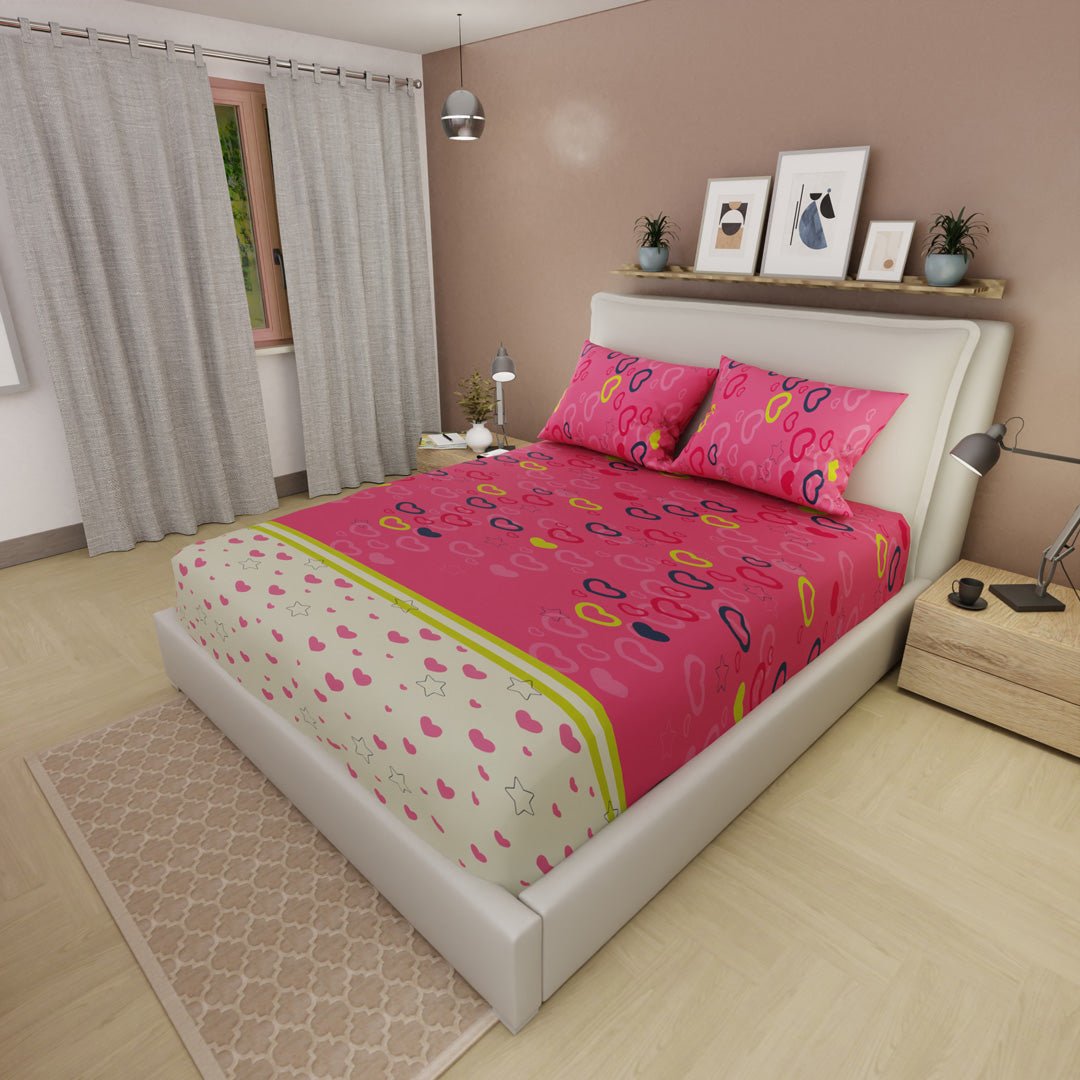Sábana Ajustable Explosión de Amor Rosado y Blanco para Cama Sencilla 100 X 190 Cm Estrellas Y Flores - SABANAS | Bylmo