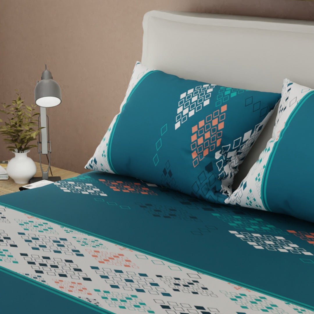Sábana Ajustable Sueños Prisma Verde Azul y Blanco para Cama Sencilla 100 X 190 Cm Rombos - SABANAS | Bylmo