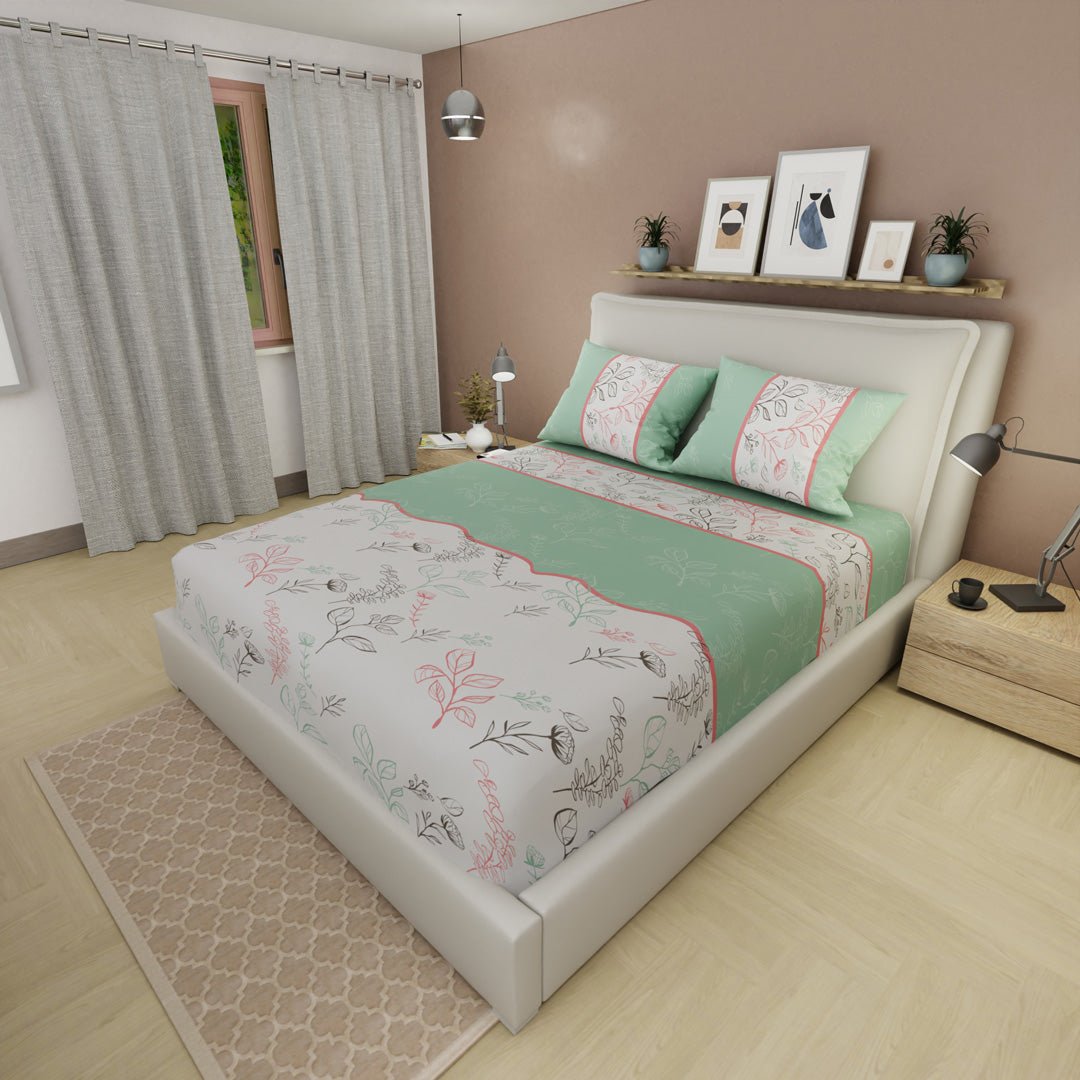 Sábana Ajustable Sueños Botánicos Blanco y Verde para Cama Sencilla 100 X 190 Cm Hojas Y Flores - SABANAS | Bylmo