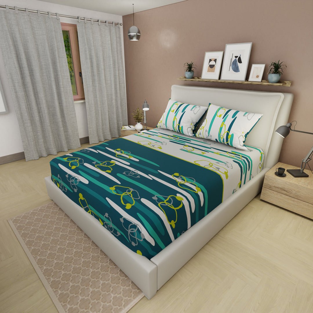 Sábana Ajustable Sueños Líneas de Océano Verde Azul y Blanco para Cama Sencilla 100 X 190 Cm Lineas Y Circulos - SABANAS | Bylmo