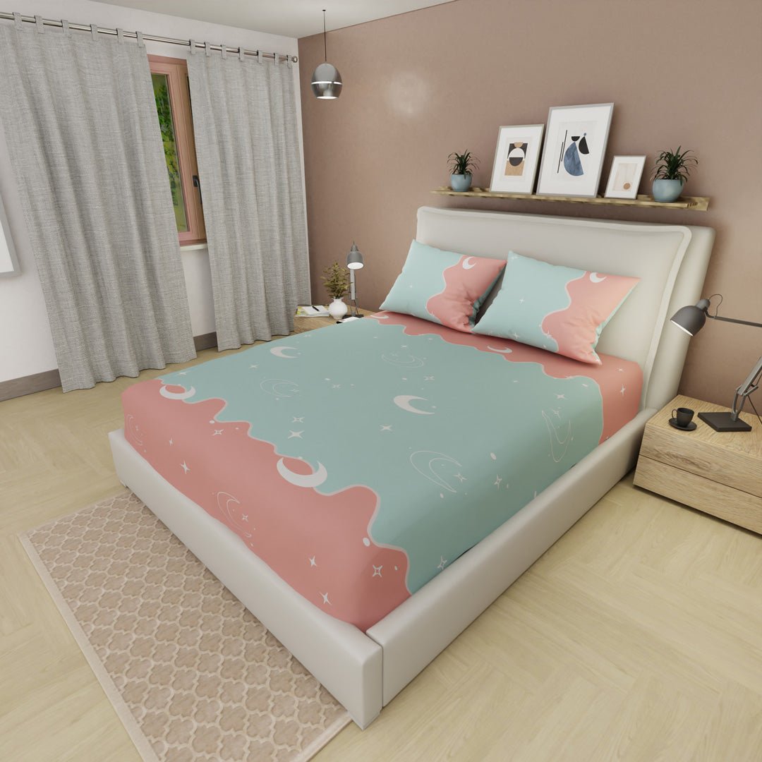 Semijuego de Sábanas Style Sueño Lunar Azul y Rosado para Cama Doble 140 X 190 Cm Estrellas Y Lunas - SABANAS | Bylmo