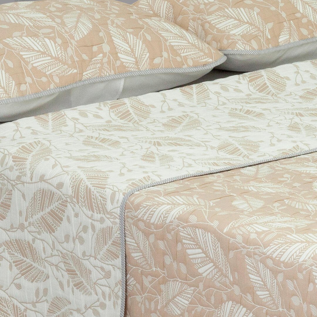 Cubrelecho Trama Blanco y Beige para Cama Doble 140 X 190 Cm Prensado de Hojas - TENDIDOS Y CUBRELECHOS | Bylmo