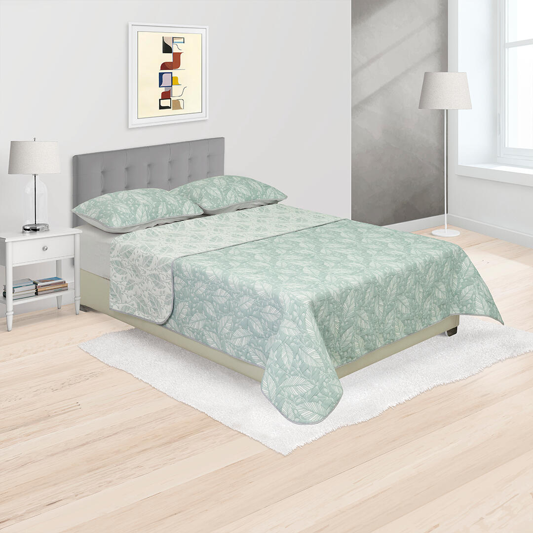Cubrelecho Trama Blanco y Verde Menta para Cama Doble 140 X 190 Cm Prensado de Hojas - TENDIDOS Y CUBRELECHOS | Bylmo