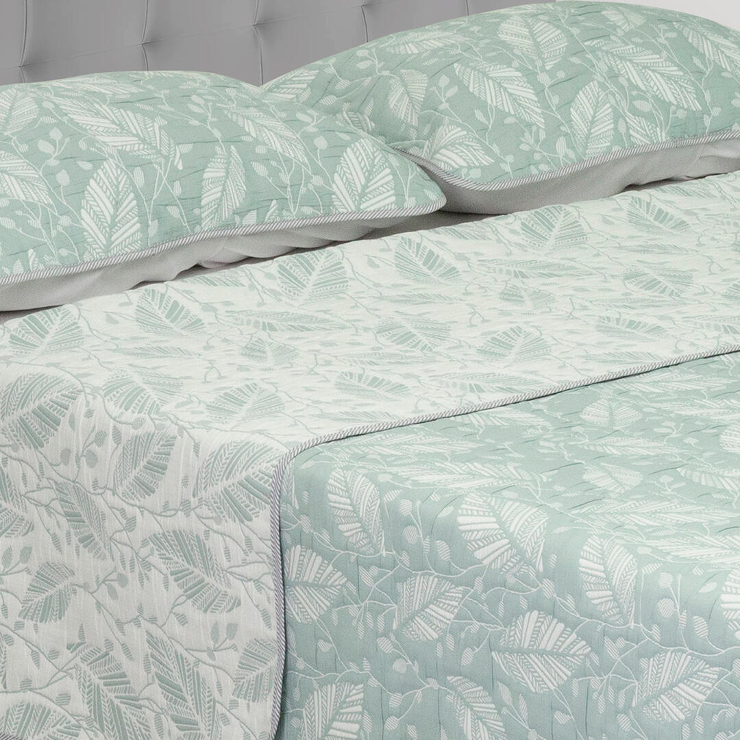 Cubrelecho Trama Blanco y Verde Menta para Cama Doble 140 X 190 Cm Prensado de Hojas - TENDIDOS Y CUBRELECHOS | Bylmo