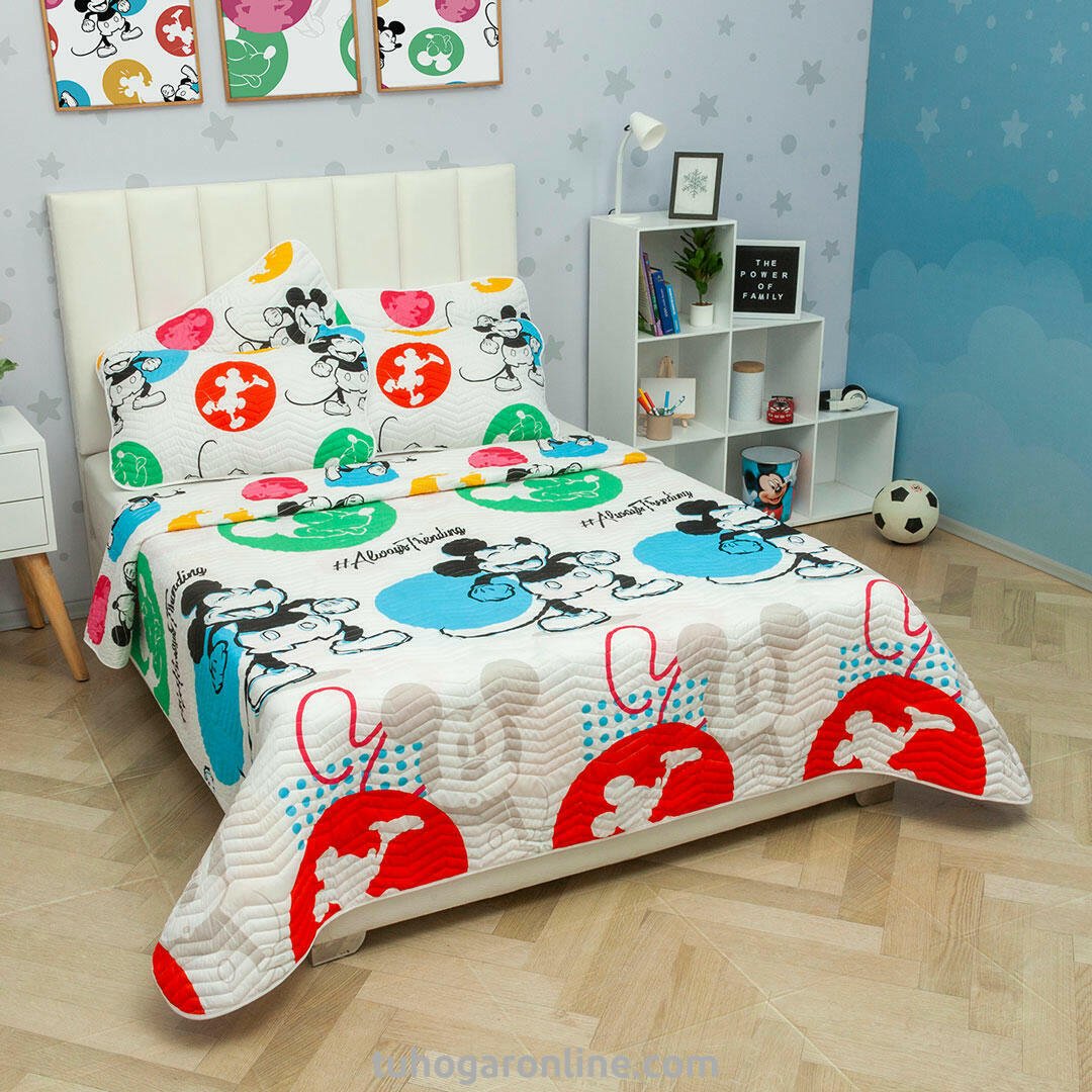 Cubrelecho Blanco para Cama Semidoble 120 X 190 Cm Prensado de Mickey - TENDIDOS Y CUBRELECHOS | Bylmo