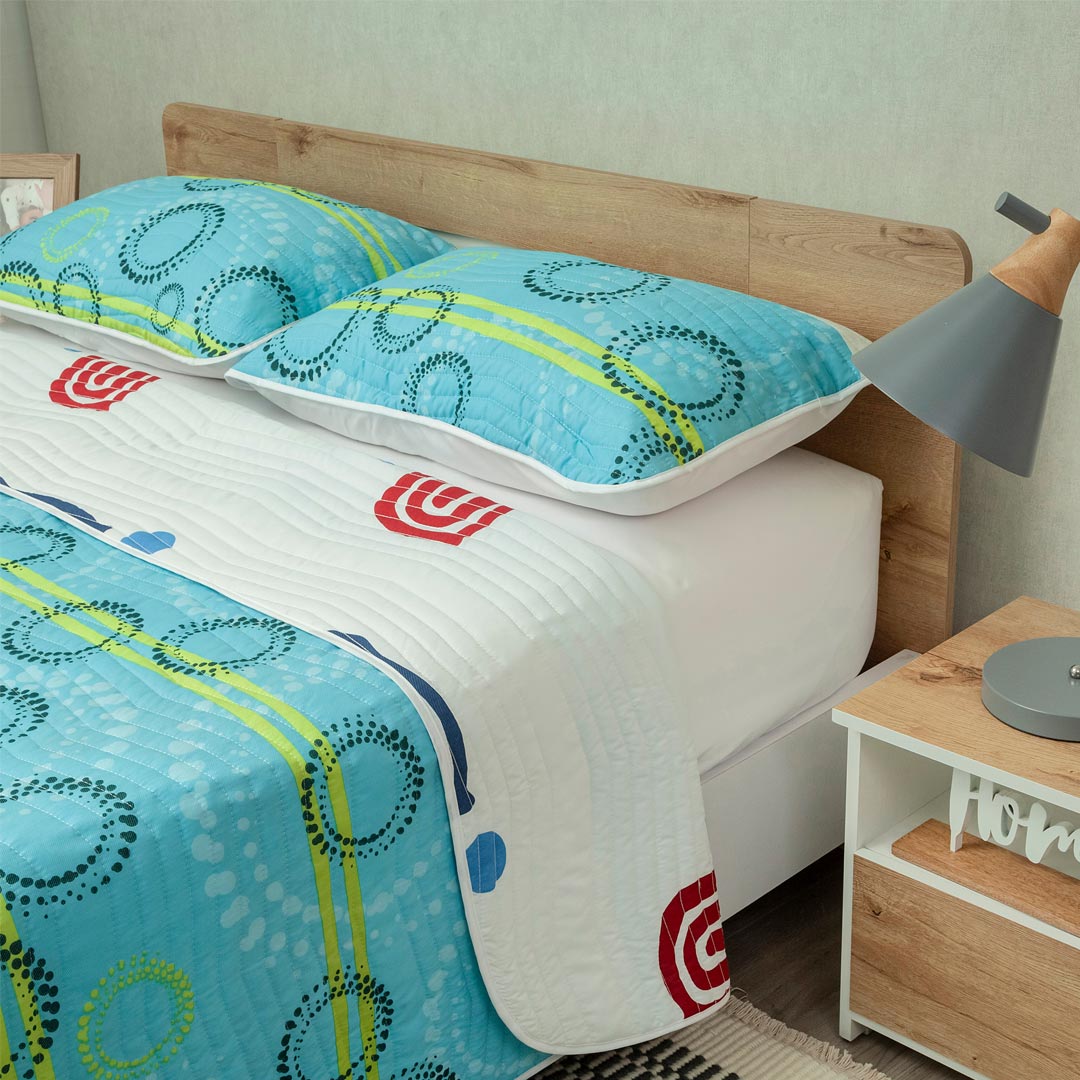 Cubrelecho Sendero Tribal Blanco y Azul para Cama Sencilla 100 X 190 Cm Prensado de Tribal - TENDIDOS Y CUBRELECHOS | Bylmo