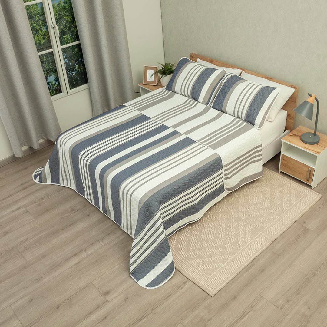 Cubrelecho Doble Faz Trama Gris y Blanco para Cama Doble 140 X 190 Cm Prensado de Lineas - TENDIDOS Y CUBRELECHOS | Bylmo